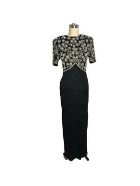Brilliante by J.A. Beaded Silk Gown Vintage 80s Black Gold Small